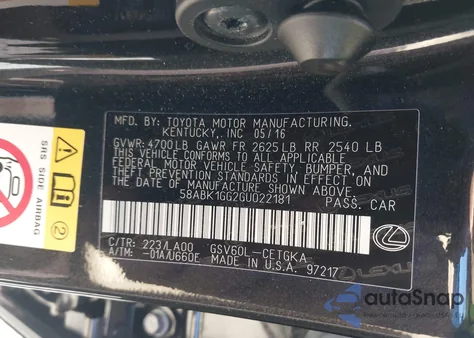 2016 Lexus Es 350 из США, поврежденный, VIN 58ABK1GG2GU022181